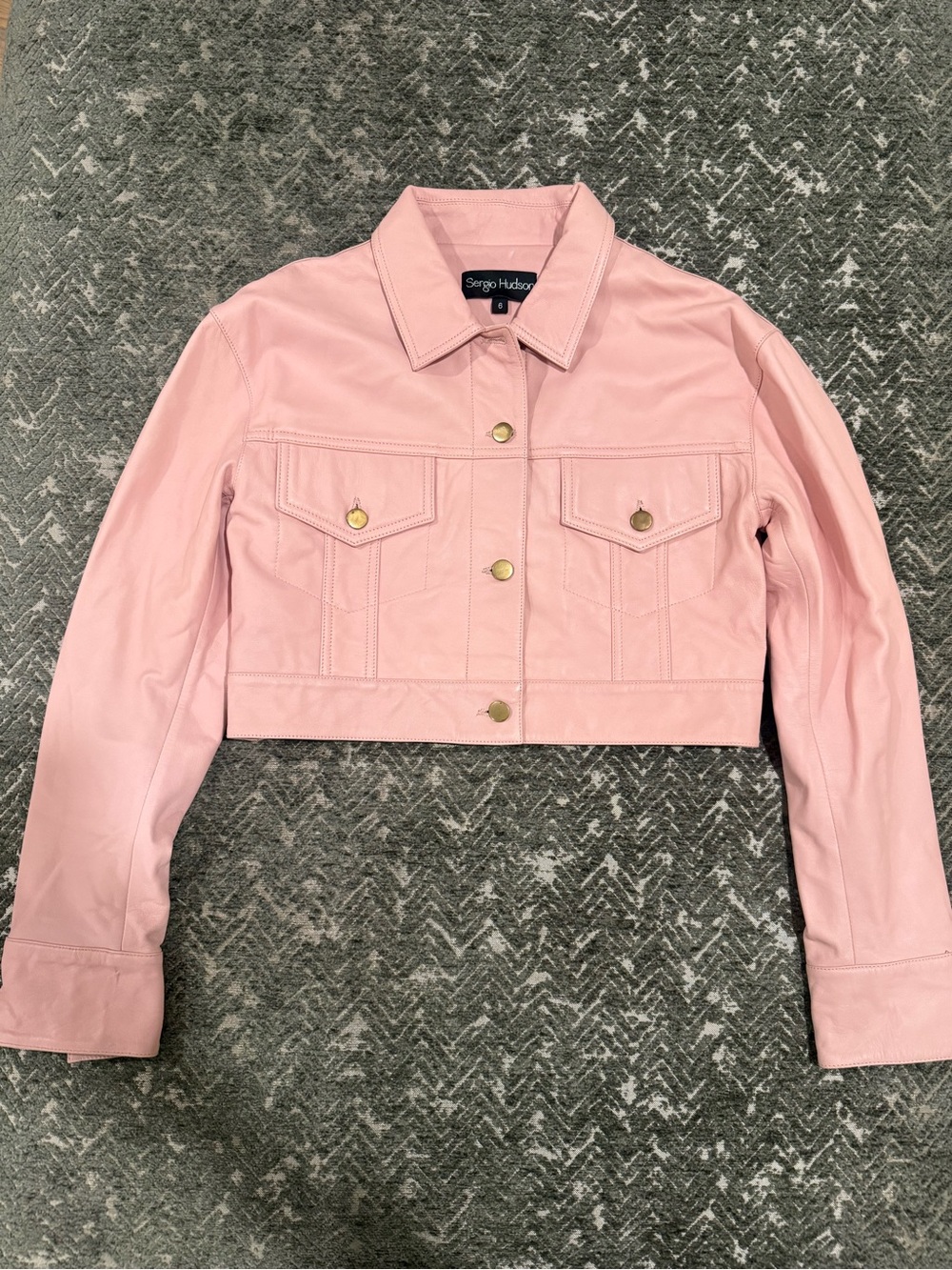 Sergio Hudson Pink Genuine Leather Cropped Trucker Jacket Size 6